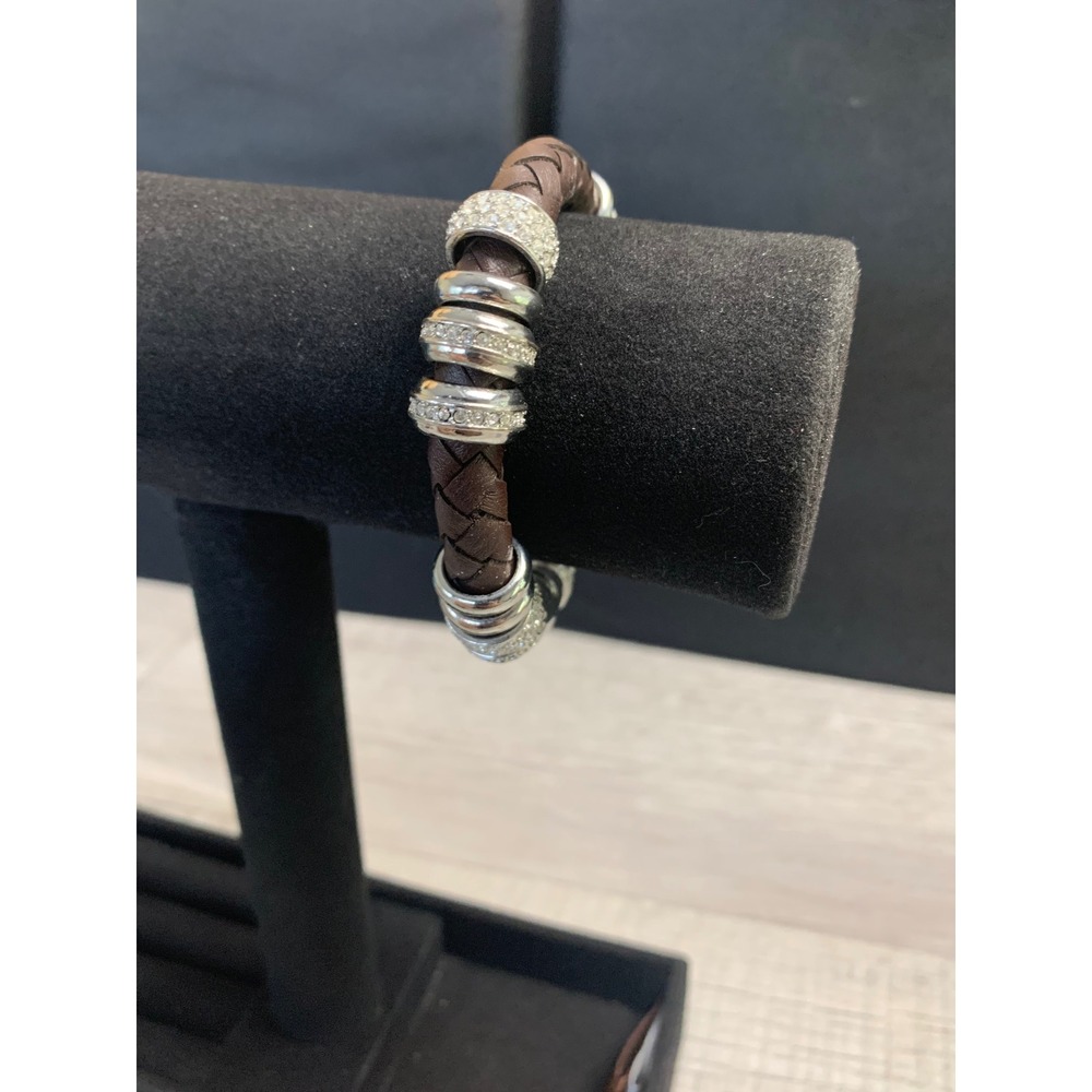 Serena Williams Signature Brown Braided Leather Crystal Charm Bracelet 7 Inch